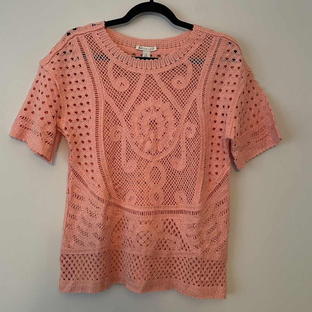 100% Cotton Crochet Open Knit‎ Top Peach Size S Cottagecore Boho Granny Western